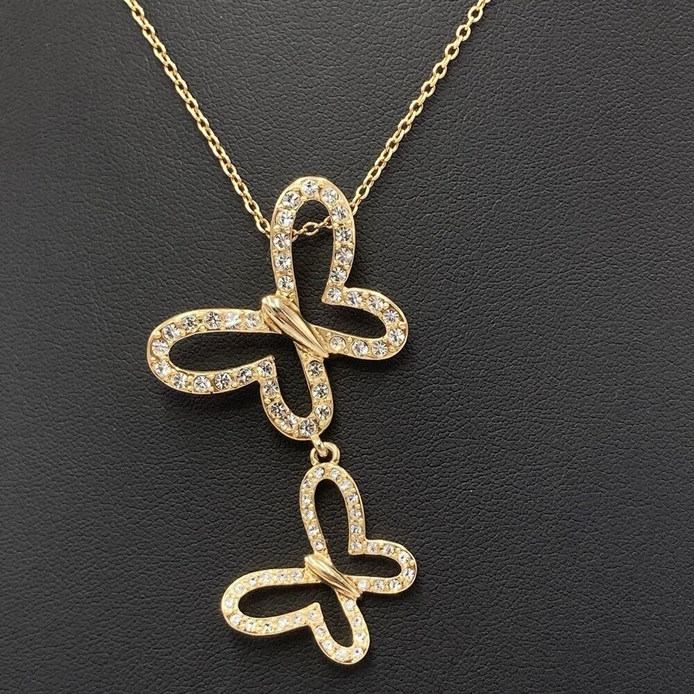 Vintage Gold Tone Butterfly Pendant Necklace 19" Clear Rhinestone Double Design